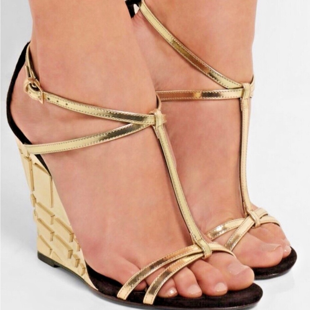 Burberry Gold and Black Wedge Heels with Criss-Cross Straps